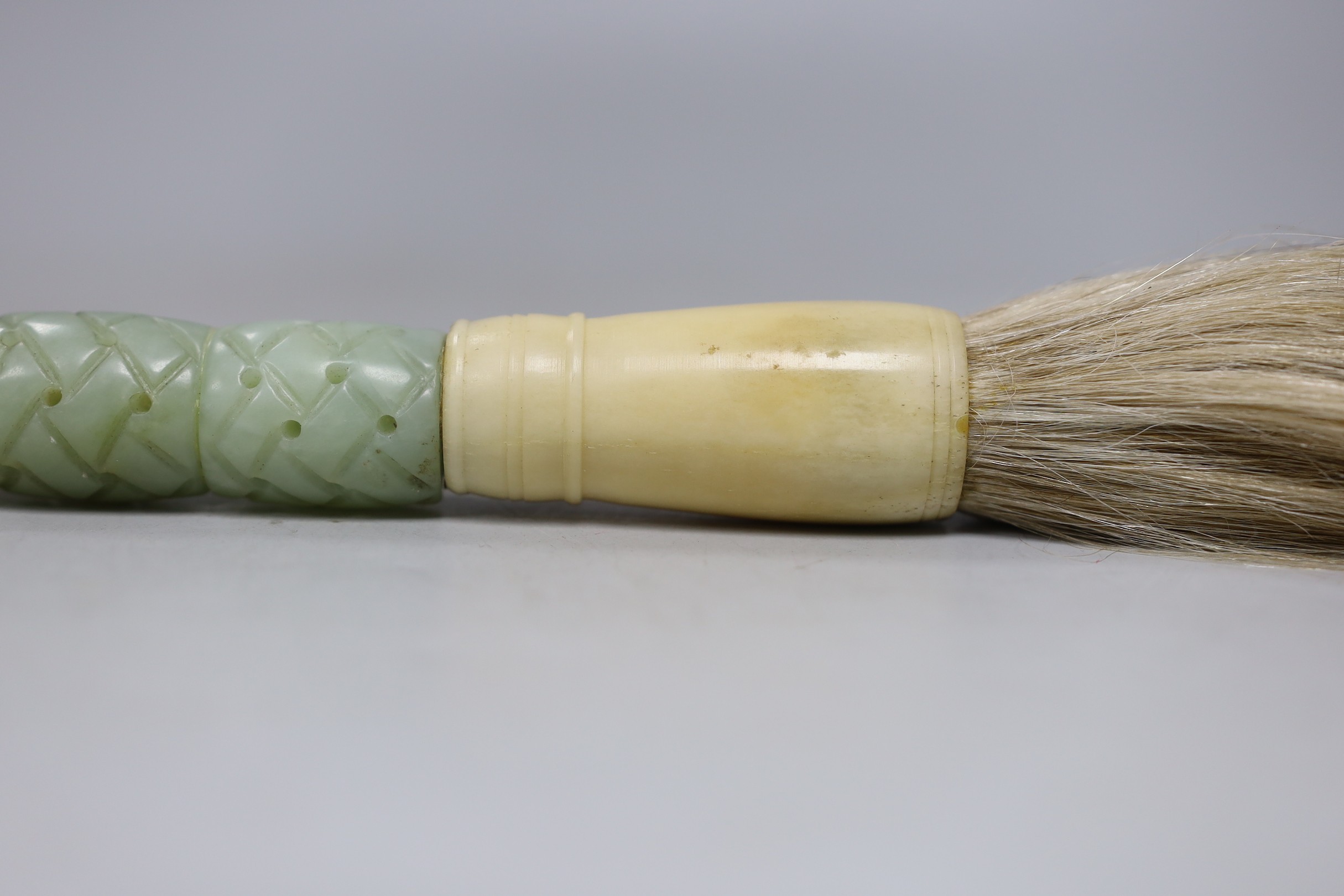 A Chinese bone and bowenite jade mounted calligraphy brush, 35cm lonh, and a bronze brush washer